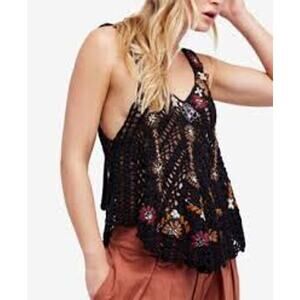 FREE PEOPLE Last Rose Embroidered Crochet Top Black Size Medium M Ties in Back